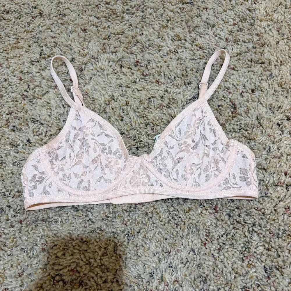 Intimately Free People 32A Sheer Floral Underwire Bra Mesh Lace Floral Pink